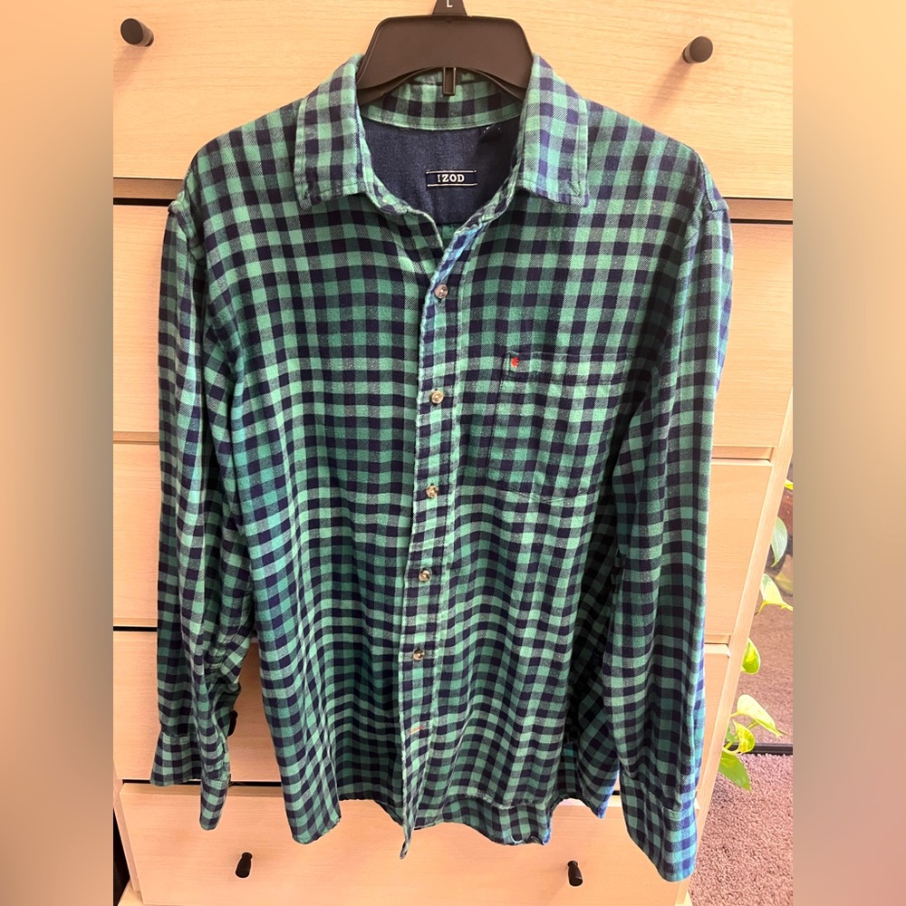 Izod plaid flannel button up, size M, dark blue + aqua green